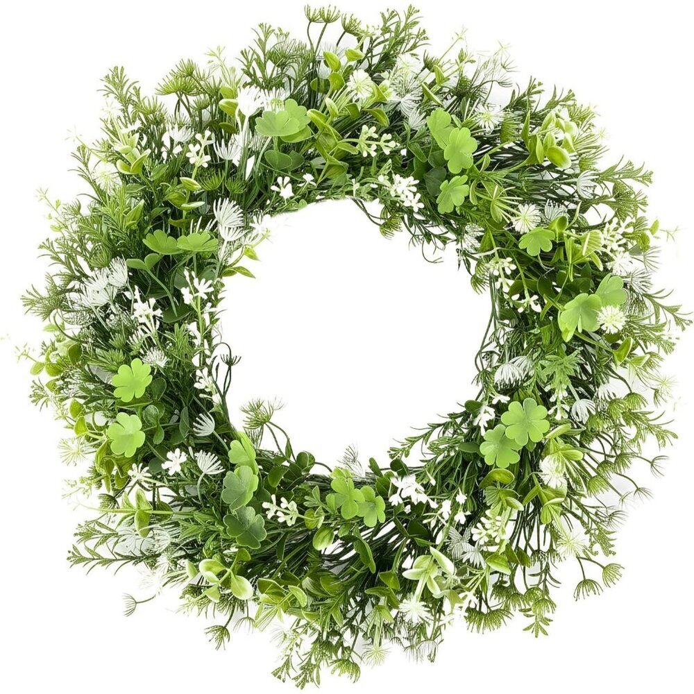 St Patricks Day Wreath 20 Inch with Lucky Shamrock Artificial Irish Clover Green